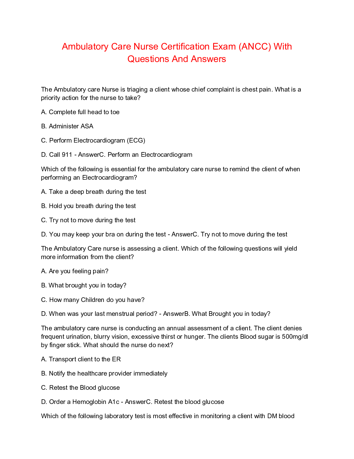 Preview of Ambulatory Care Nurse Certification Exam (ANCC) With Questions And Answers